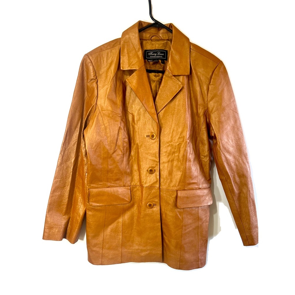 JERRY LEWIS 100% GENUIN LEATHER women classic JACKET BUTTONS DOWN BRONZE SHINY L